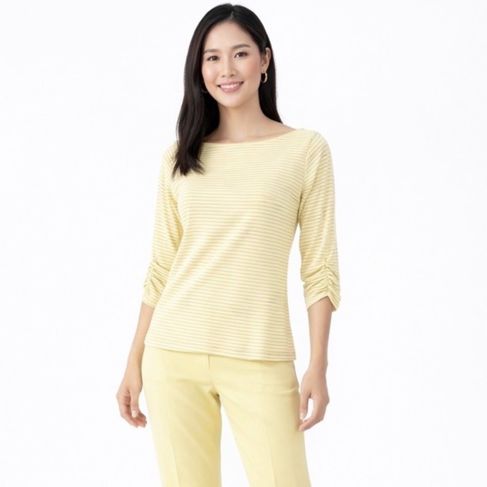 The Limited Yellow Striped Boat Neck 3/4 Ruched Sleeve Top S Nautical Chic 50-04
